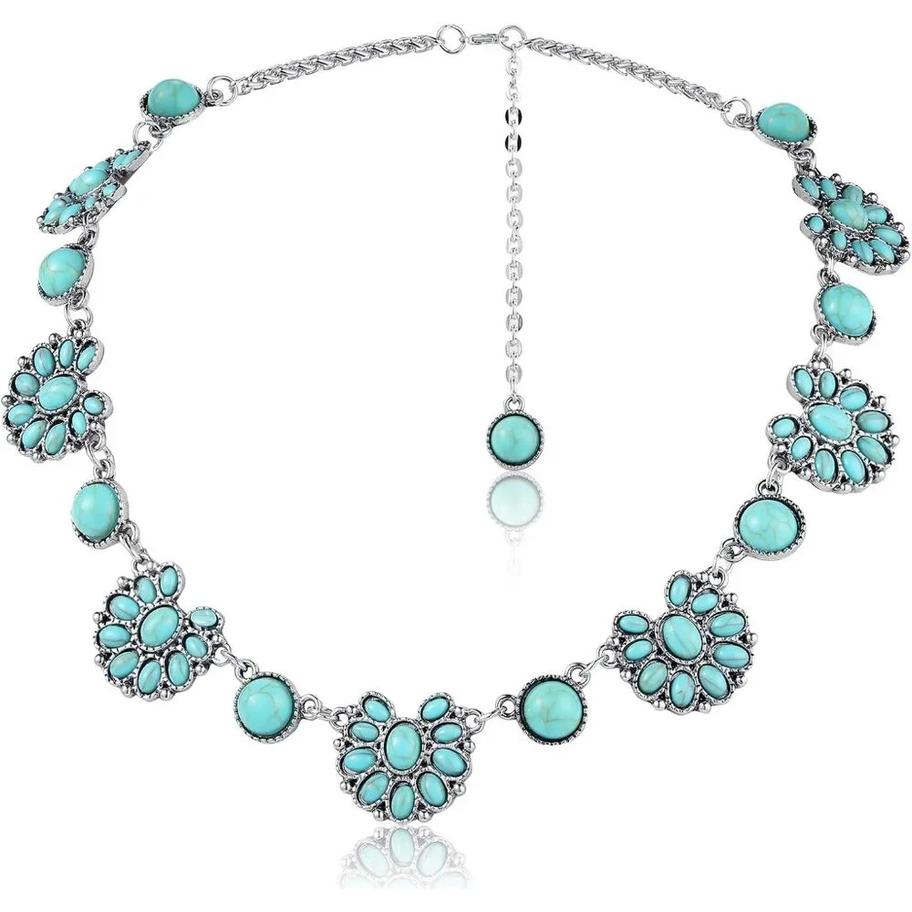 Turquoise Collar Necklace Long Necklaces for Women Western Jewelry Silver Boho J